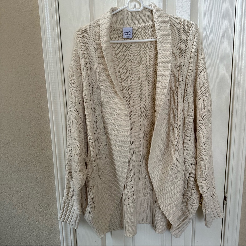 Cozy Casual Chunky Open Cable Knit Cream Cardigan-Plus 2X/3X-Coastal Grandmacore